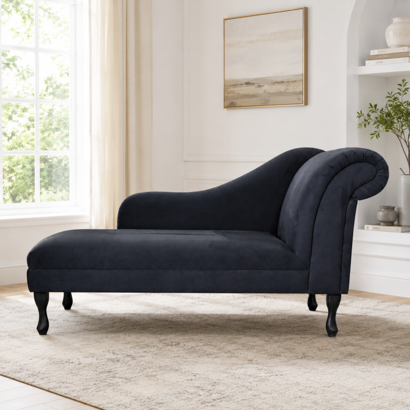 Large Chaise Longue in Dream Black Faux Suede Large Chaise Longue in Dream Black Faux Suede