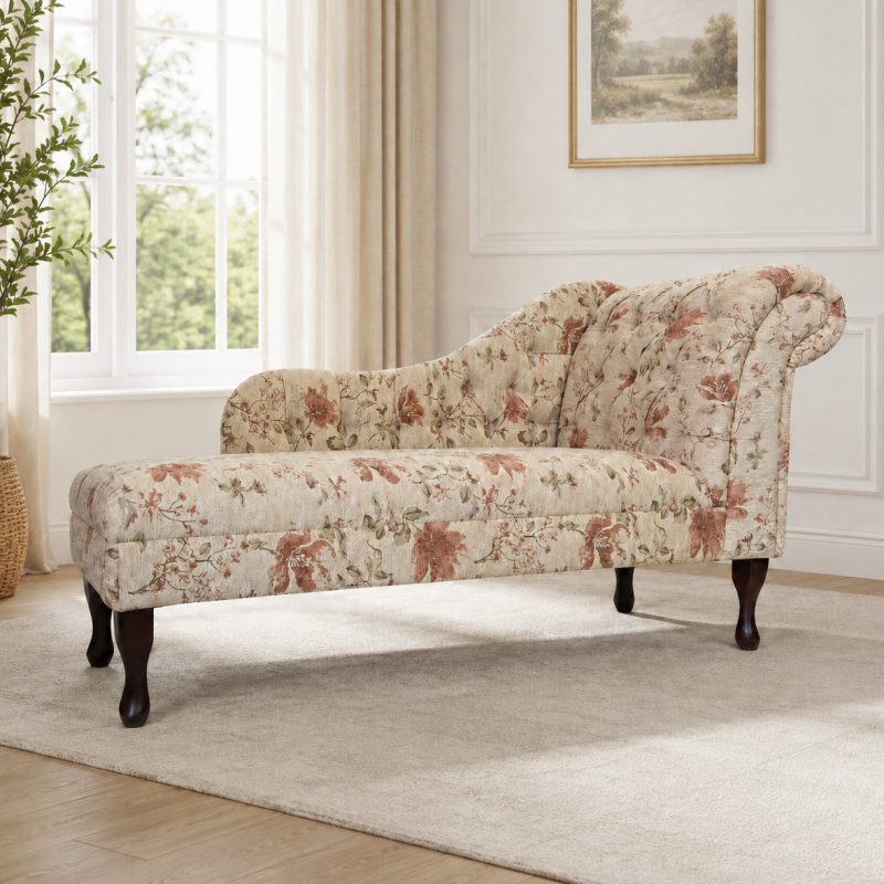 Large Deep Buttoned Chaise Longue in Camden Floral Pearl Fabric Large Deep Buttoned Chaise Longue in Camden Floral Pearl Fabric