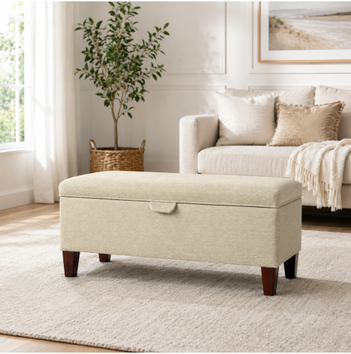 Storage Bench Stool in Chenille Floral Pattern Fabric