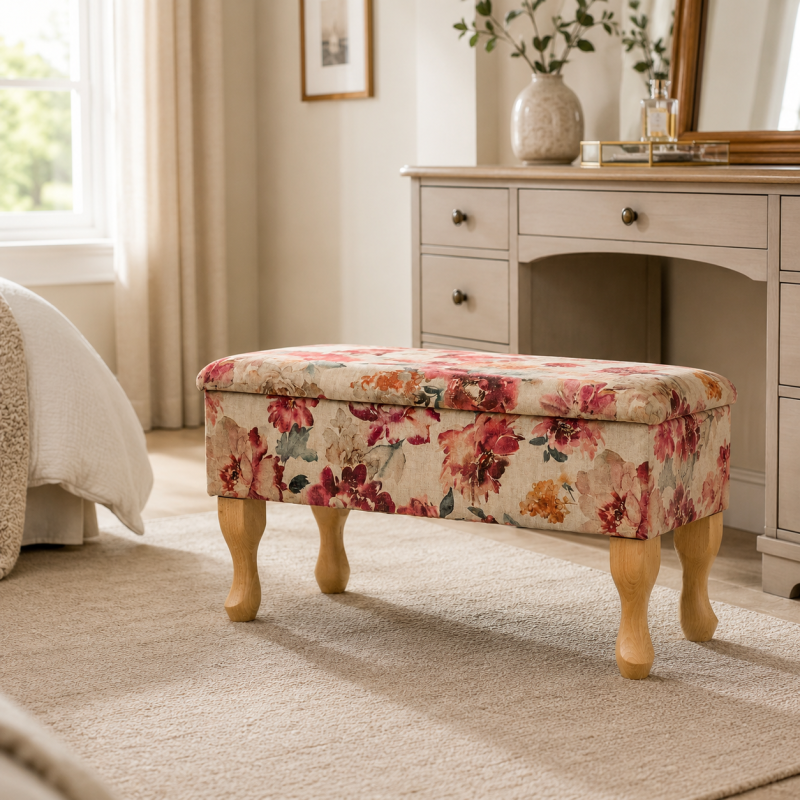Dressing Table Storage Stool in Giardino Pink Eternal Blossom Fabric Dressing Table Storage Stool in Giardino Pink Eternal Blossom Fabric