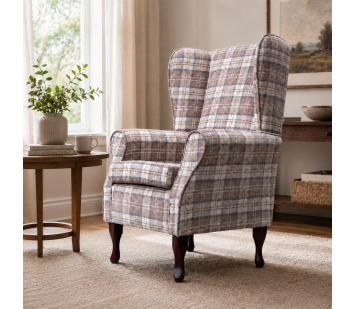 LUXE Large High Back Chair in Lana Latte Plaid Tartan