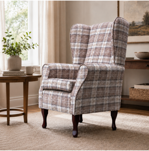 LUXE Large High Back Chair in Lana Latte Plaid Tartan