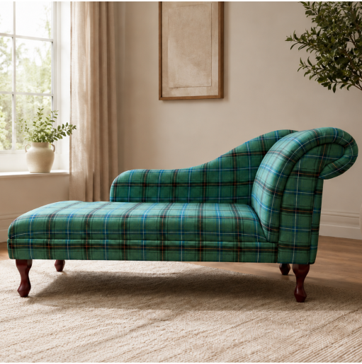 Large Chaise Longue in a Green Tartan Fabric