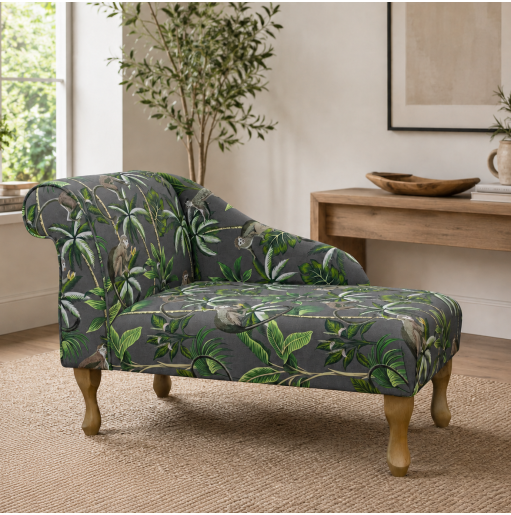 Left Facing 41" Chaise Longue in a Monkey Grey Print Fabric