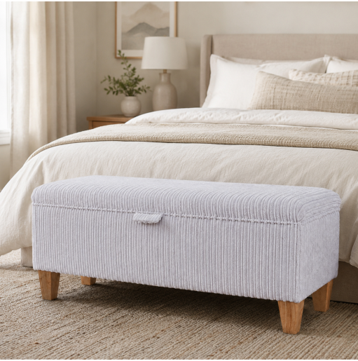 Storage Bench Stool in Beige Jumbo Cord Fabric