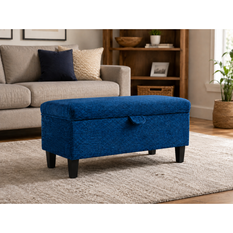 Storage Footstool in Navy Chenille Fabric Storage Footstool in Navy Chenille Fabric