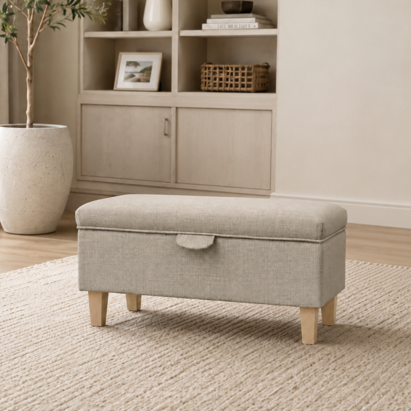 Modern Storage Footstool in a Beige Fabric Modern Storage Footstool in a Beige Fabric