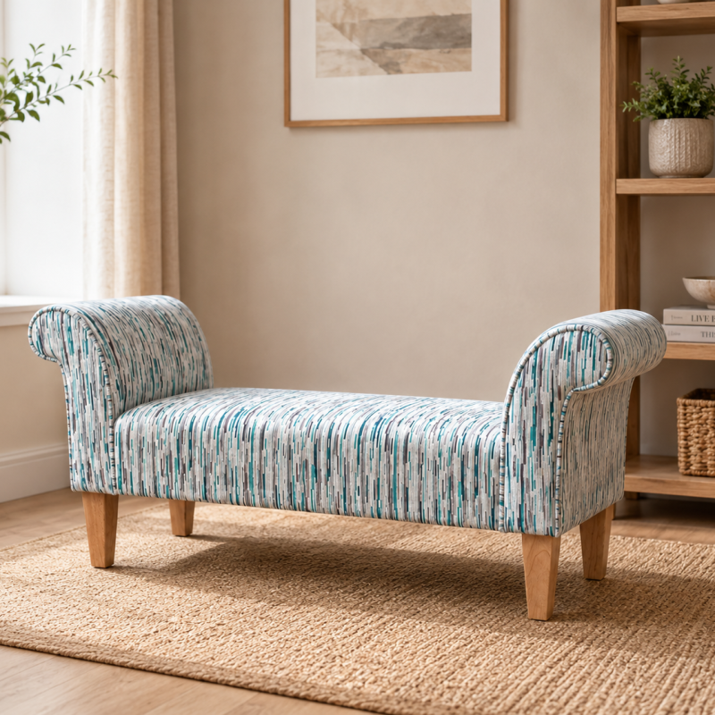 Medium Window Seat Settle in Striped Fabric Medium Window Seat Settle in Striped Fabric