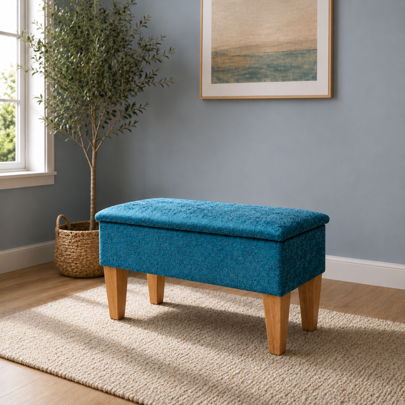 Medium Dressing Table Stool in a Chenille Carlton Teal Fabric Medium Dressing Table Stool in a Chenille Carlton Teal Fabric
