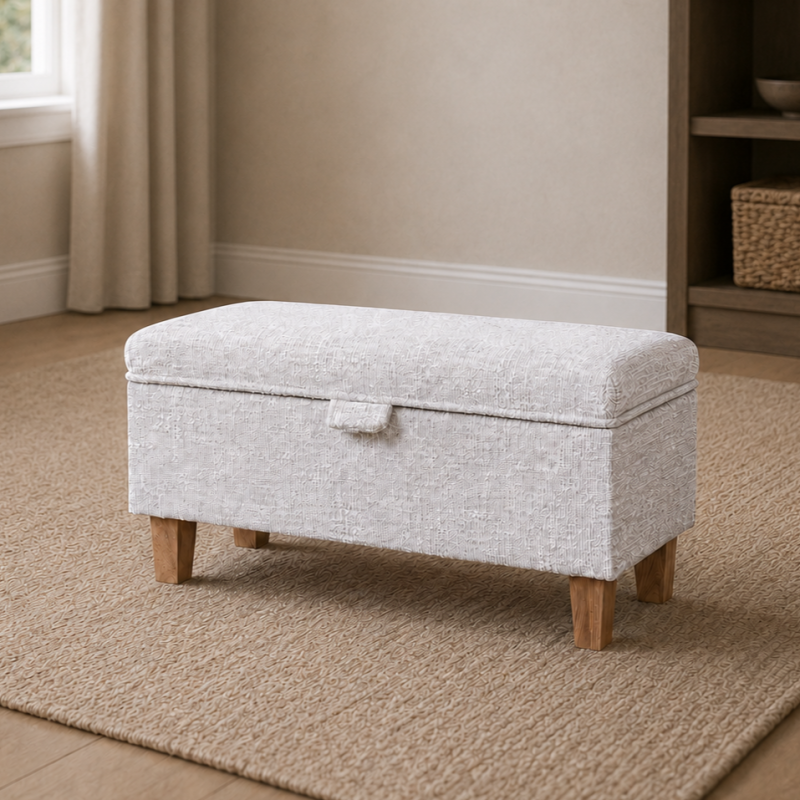 Storage Footstool in Beige Chenille Fabric Storage Footstool in Beige Chenille Fabric