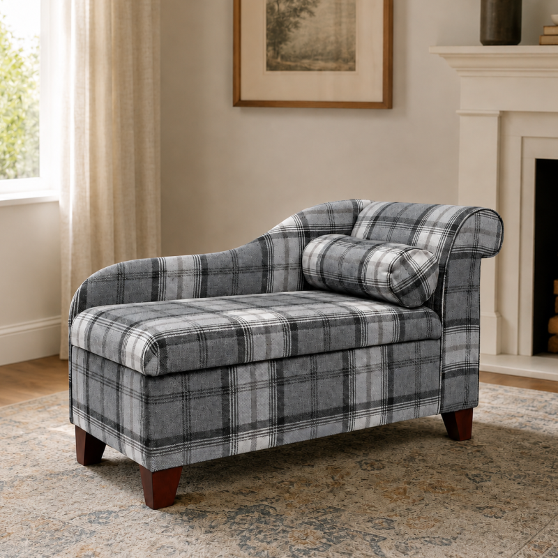 Small Storage Chaise Longue in Grey Tartan Fabric Small Storage Chaise Longue in Grey Tartan Fabric