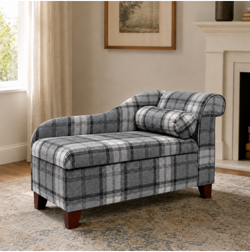 Small Storage Chaise Longue in Grey Tartan Fabric