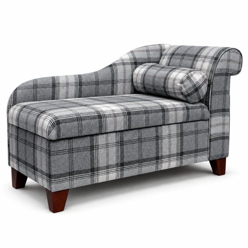 Medium Storage Chaise Longue in Grey Tartan Fabric | Beaumont Medium Storage Chaise Longue in Grey Tartan Fabric | Beaumont