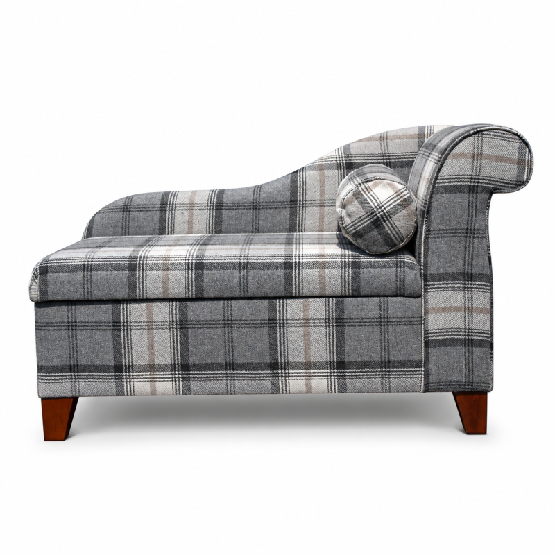 Medium Storage Chaise Longue in Grey Tartan Fabric | Beaumont Medium Storage Chaise Longue in Grey Tartan Fabric | Beaumont
