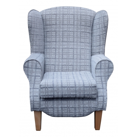 Duchess Wingback Armchair in a Grey Maida Vale Plaid Fabric with Tapered Wooden Legs