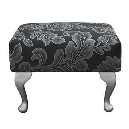 Small Footstool in a Flatweave Floral Noir Black Fabric