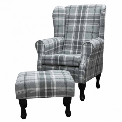 LUXE Standard Wingback Fireside Westoe Chair and Matching Footstool in Balmoral Dove Grey Tartan Fabric
