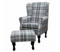 LUXE Standard Wingback Fireside Westoe Chair and Matching Footstool in Balmoral Dove Grey Tartan Fabric