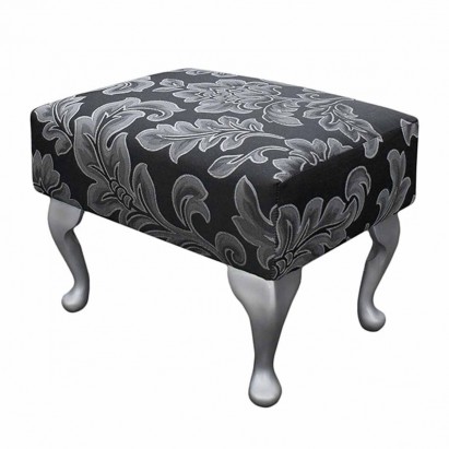 Small Footstool in a Flatweave Floral Noir Black Fabric