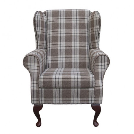 Standard Wingback Fireside Westoe Chair in a Kintyre Chestnut Tartan Fabric with Half Stud Detail