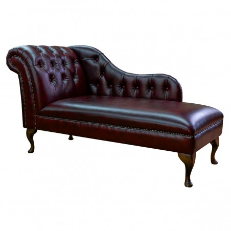 60" Large Deep Buttoned Chesterfield Oxblood Genuine Leather Chaise Longue