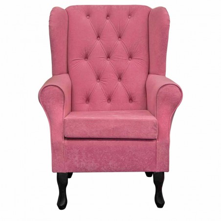 Standard Wingback Fireside Westoe Chair with Buttoning in a Plush Flamingo Pink Fabric