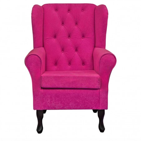 Standard Wingback Fireside Westoe Chair with Buttoning in a Plush Fuchsia Pink Fabric