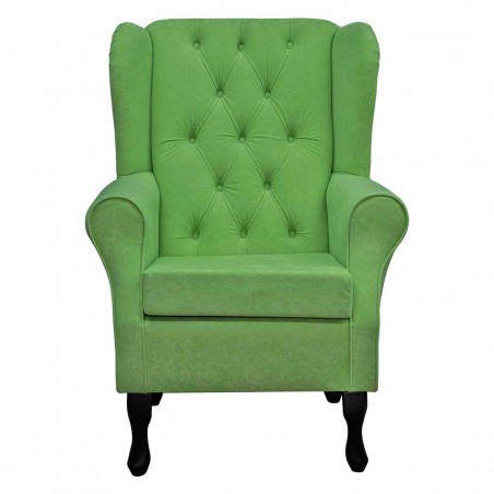 Standard Wingback Fireside Westoe Chair with Buttoning in a Plush Grass Green Fabric