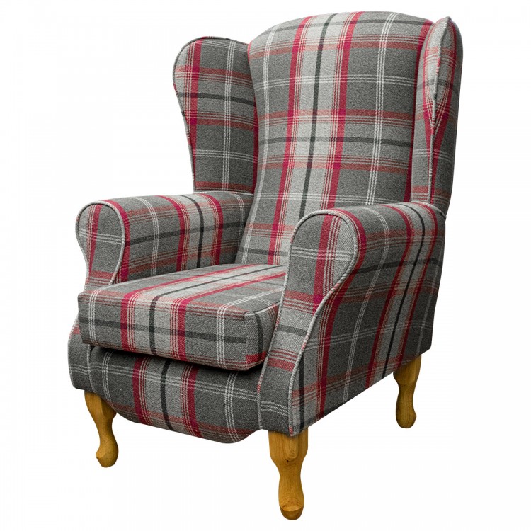 Balm Rosso Red Tartan Fabric, Wingback Arm Chair