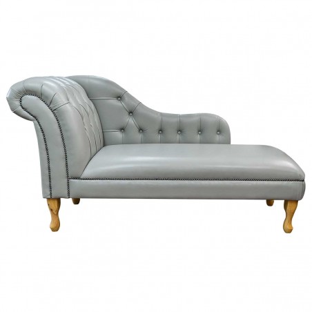 60" Large Deep Buttoned Medal Crystal Grey Genuine Leather Chaise Longue