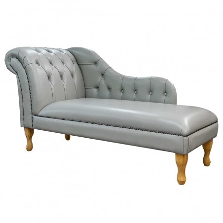 60" Large Deep Buttoned Medal Crystal Grey Genuine Leather Chaise Longue