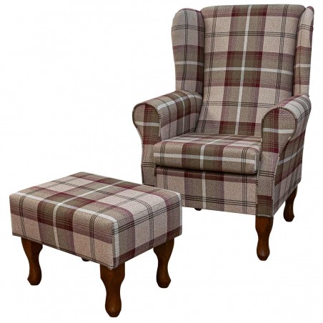 LUXE Standard Wingback Fireside Westoe Chair and Matching Footstool in Balmoral Mulberry Tartan Fabric