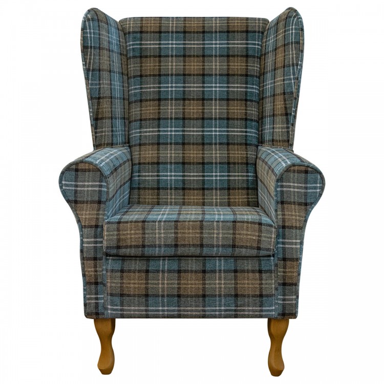 blue tartan high back armchair