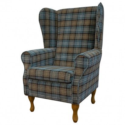 LUXE Large High Back Chair in a Lana Blue Tartan Fabric