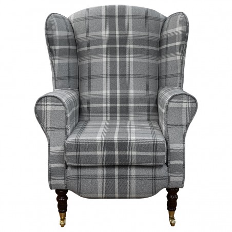 LUXE Duchess Wingback Armchair in a Balmoral Dove Grey Tartan Fabric