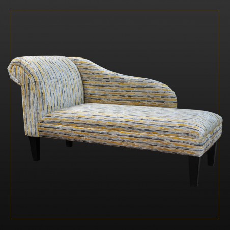 LUXE 56" Medium Chaise Longue in an Extravaganza Stripe Burst Mustard Yellow Fabric