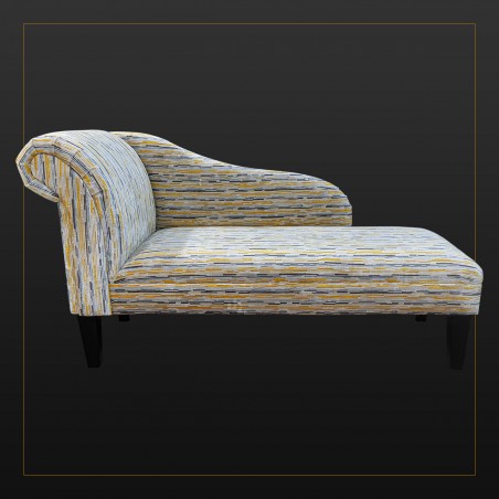 LUXE 56" Medium Chaise Longue in an Extravaganza Stripe Burst Mustard Yellow Fabric