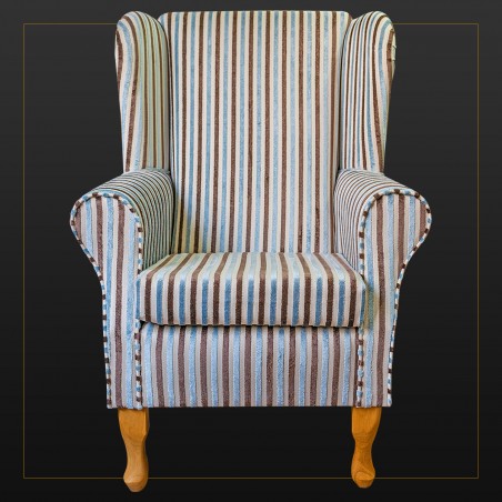 LUXE Standard Wingback Fireside Westoe Chair in an Eleganza Blue & Chocolate Stripe Fabric