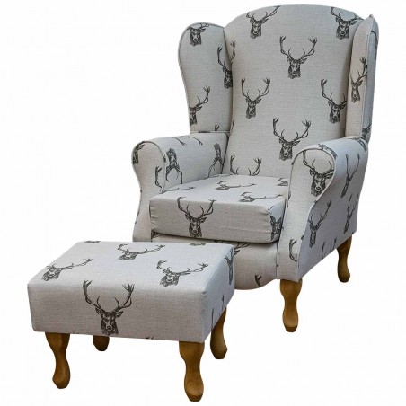 Duchess Wingback Armchair and Matching Footstool in a Stag Cotton Fabric