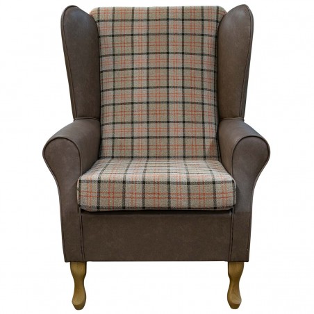 LUXE Large High Back Chair in a Lana Dune Tartan & Infinity Truffle Faux Leather