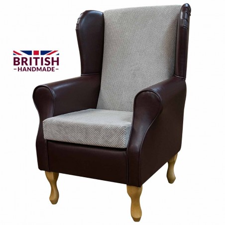 Standard Wingback Fireside Westoe Chair in a Chestnut Brown Faux Leather & Mink Dimple Fabric