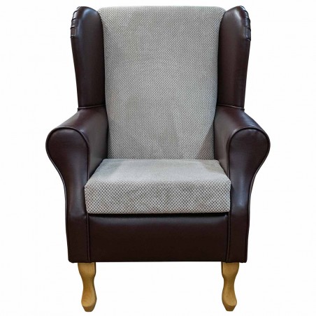 Standard Wingback Fireside Westoe Chair in a Chestnut Brown Faux Leather & Mink Dimple Fabric