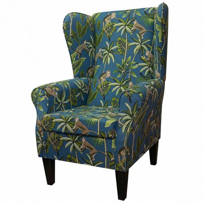 Large High Back Chair in a Monkey Teal 100% Cotton Print Fabric