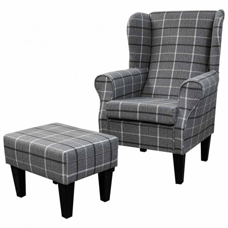 Standard Wingback Fireside Westoe Chair and Matching Footstool in Sophie Tartan Zinc Fabric