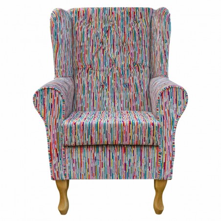 LUXE Standard Wingback Fireside Westoe Chair in an Extravaganza Stripe Burst Rainbow Fabric