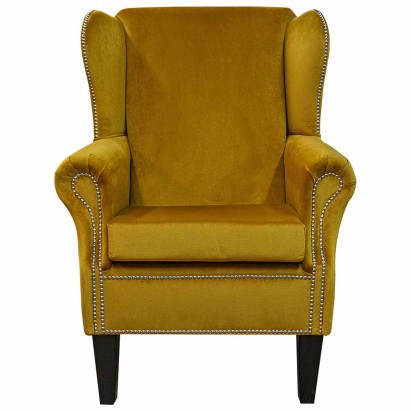 Medium Wingback Fireside Westoe Chair in a Malta Gold Deluxe Velvet Fabric With Full Studding