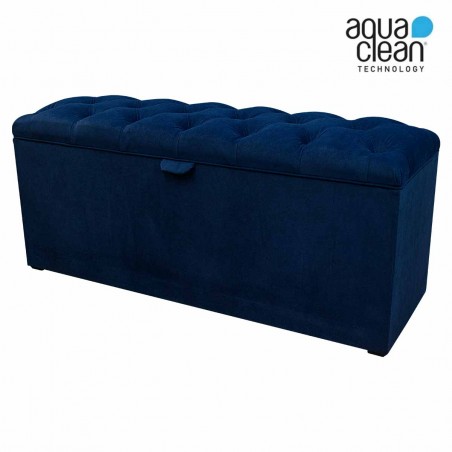 LUXE Buttoned Blanket Box Storage Ottoman in an AquaClean Dunbar Navy Fabric